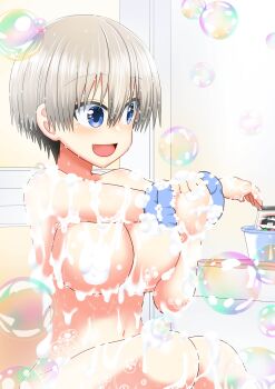 1girl absurdres bathing bathroom blue_eyes breasts bubble completely_nude convenient_censoring grey_hair highres large_breasts nude official_art open_mouth short_hair soap_bubbles soap_censor solo take_(shokumu-taiman) uzaki-chan_wa_asobitai! uzaki_hana