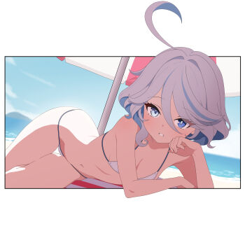 1girl absurdres ahoge alternate_costume arched_back arm_rest backlighting bare_arms beach beach_towel beach_umbrella bikini blue_eyes blue_hair blue_sky blue_streaks border bright_pupils colored_inner_hair curly_hair day double-parted_bangs expressionless flat_chest furina_(genshin_impact) genshin_impact hair_between_eyes hair_intakes hand_on_own_cheek hand_on_own_face head_rest heterochromia highres huge_ahoge looking_at_viewer lying mismatched_pupils multicolored_hair navel ocean on_side outdoors outside_border parted_lips schwarz_rubin short_hair sky solo stomach string_bikini swimsuit thigh_gap towel two-tone_hair umbrella white_bikini white_border white_hair