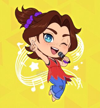 1girl adricarra artist_name barefoot blue_eyes blue_pants bracelet brown_hair chibi commentary_request curtained_hair deformed donkey_kong_(series) donkey_kong_bananza dress feet freckles highres jewelry microphone musical_note nintendo one_eye_closed open_mouth pants pauline_(mario) pauline_(young)_(mario) purple_scrunchie red_dress red_shirt scrunchie shirt sleeveless smile star_(symbol) teeth