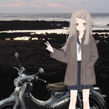 1girl bad_tag blonde_hair blue_sailor_collar blue_skirt blush brown_coat brush_stroke coat colored_eyelashes commentary_request flipped_hair gakuen_idolmaster grey_neckerchief hair_ornament hairclip hand_in_pocket hatsuboshi_gakuen_school_uniform highres honda_super_cub idolmaster long_hair motor_vehicle motorcycle neckerchief ocean official_art orange_eyes outdoors parallel_hairclips photo_background pleated_skirt sailor_collar school_uniform serafuku shinosawa_hiro shirt skirt smile solo split_mouth timesoe v white_shirt