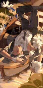 1boy absurdres bird birdcage boat brown_eyes cage flower highres ibex looking_at_viewer lying male_focus on_back original outdoors sketch water watercraft wristband