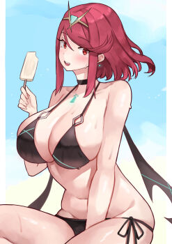 absurdres alternate_costume bikini breasts highres large_breasts pyra_(xenoblade) red_eyes red_hair revision swimsuit xenoblade_chronicles_(series) xenoblade_chronicles_2 yotsuha_uni