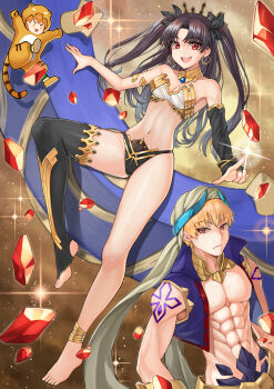 Rule 34 | 1boy, absurdres, animal costume, animal ears, animal print, arabian clothes, arm warmers, armlet, asymmetrical legwear, asymmetrical sleeves, babylonia (fate/grand order), bikini, black hair, blonde hair, breasts, commentary request, cosplay, cropped vest, detached sleeves, dingir (fate), earrings, elbow gloves, fate/grand order, fate (series), gilgamesh, gilgamesh (caster) (fate), gilgamesh (fate), gloves, heavenly boat maanna, highres, hoop earrings, ishtar (fate), jaguar ears, jaguarman (fate), jewelry, kigurumi, long hair, long legs, medium breasts, mismatched bikini, multiple girls, nanni jjang, navel, neck ring, open mouth, orange hair, parted bangs, red eyes, short hair, shoulder tattoo, single arm warmer, single detached sleeve, single elbow glove, single thighhigh, smile, swimsuit, tail, tattoo, thighhighs, tiara, tiger costume, tiger ears, tiger print, tiger tail, turban, two side up, uneven legwear, uneven sleeves, vest, white turban