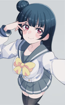 1girl black_thighhighs blue_hair blush breasts commentary_request cream_(nipakupa) from_above grey_background grey_sailor_collar grey_skirt hair_bun large_breasts long_hair long_sleeves looking_at_viewer love_live! love_live!_sunshine!! neck_ribbon red_eyes ribbon sailor_collar school_uniform single_hair_bun single_side_bun skirt smile solo thighhighs tsushima_yoshiko uranohoshi_school_uniform v v_over_eye yellow_ribbon