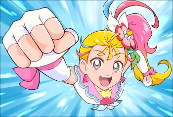 1girl blonde_hair brooch clenched_hands clothing_cutout crop_top cure_summer earrings elbow_gloves fingerless_gloves flower from_above gloves gradient_hair green_eyes hair_flower hair_ornament heart_cutout highres jewelry lipstick long_hair magical_girl makeup multicolored_hair natsuumi_manatsu open_mouth outstretched_arm parody precure raina_(14758801) shell_brooch shirt side_ponytail smile solo streaked_hair tropical-rouge!_precure ultra_series white_gloves white_shirt wrist_cuffs