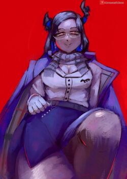 Rule 34 | 1girl, :>, arktoons, asymmetrical horns, black hair, blue jacket, blue skirt, breasts, cleavage, glasses, hand on own hip, highres, hololive, hololive english, horns, jacket, jacket on shoulders, knee up, looking at viewer, nerissa ravencroft, nerissa ravencroft (casual), official alternate costume, official alternate hairstyle, patreon username, red background, red eyes, scarf, shirt, skirt, squinting, striped clothes, striped scarf, virtual youtuber, white shirt