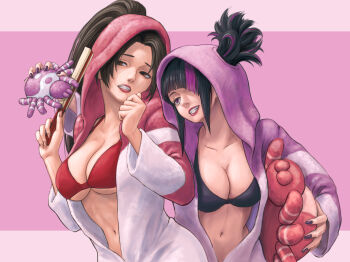 2girls absurdres black_hair bra breasts cleavage commentary_request fatal_fury grin han_juri highres holding holding_stuffed_toy hood hoodie leaning_on_person lips matching_outfits motor_(themotorart) multiple_girls nail_polish navel no_shirt pajamas shiranui_mai shy simple_background sleepwear smile spiked_hair stomach street_fighter street_fighter_6 stuffed_animal stuffed_toy teasing the_king_of_fighters underboob underwear upper_body worried