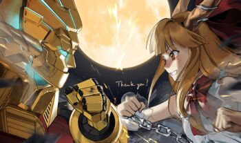 Rule 34 | 1girl, 1other, bow, bowtie, broken moon, brown hair, chain, clenched hand, commentary request, duel, faceoff, facing ahead, from side, full moon, grin, highres, hisou tensoku, horns, ibuki suika, kaigen 1025, long hair, looking at another, low-tied sidelocks, moon, red bow, red bowtie, red eyes, robot, see-through clothes, shirt, sidelocks, sleeveless, sleeveless shirt, smile, sparks, torn clothes, touhou, upper body, white shirt, wrist cuffs