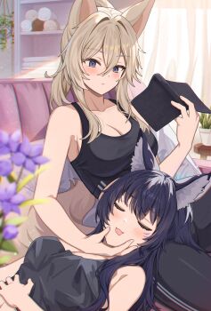 2girls absurdres animal_ear_fluff animal_ears black_hair black_pants black_shirt blonde_hair book breasts cat_ears cat_girl cat_tail cleavage closed_eyes commentary_request delta_(kage_no_jitsuryokusha_ni_naritakute!) facial_mark flower hair_between_eyes highres holding holding_book indoors kage_no_jitsuryokusha_ni_naritakute! large_breasts long_hair matsumoto_yuu multiple_girls open_mouth pants ponytail purple_eyes shirt sleeping sleeping_on_person tail whisker_markings wolf_ears wolf_girl zeta_(kage_no_jitsuryokusha_ni_naritakute!)