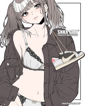 1girl artist_name bambi_surprise blue_bra blue_panties bra breasts brown_eyes brown_hair brown_jacket highres jacket looking_at_viewer medium_breasts navel original panties shoes sneakers solo stomach twintails underwear unworn_shoes