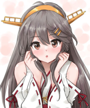 1girl black_hair brown_eyes commentary_request gold_hairband hair_ornament hairband hairclip haruna_(kancolle) headgear holding holding_own_hair japanese_clothes kantai_collection kitagawa_mikio long_hair looking_at_viewer nontraditional_miko ribbon-trimmed_sleeves ribbon_trim solo upper_body