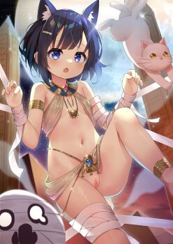 1girl ancient_egyptian_clothes animal_ear_fluff animal_ears anklet armlet bandaged_arm bandaged_leg bandages bare_shoulders barefoot bikini blue_eyes blue_eyeshadow blue_hair blunt_bangs blush bottomless breasts brown_bikini cat cat_ears cleft_of_venus commentary_request eyeshadow fang female_focus fuiba_fuyu full_moon ghost gochuumon_wa_usagi_desu_ka? hair_between_eyes hair_ornament hairclip halloween halloween_costume highres jewelry kemonomimi_mode loli makeup moon navel necklace night nude_filter open_mouth pussy pyramid_(structure) short_hair sidelocks skin_fang small_breasts solo sparkle stomach swimsuit taku_michi third-party_edit uncensored usekh_collar white_cat
