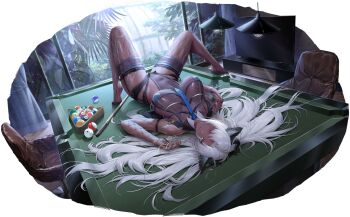 animal_ears anubis_(daiblos_core) ball billiard_ball breasts chair daiblos_core dark-skinned_female dark_skin dress fishnet_gloves fishnet_thighhighs fishnets glasses gloves green_eyes highres large_breasts leotard lingerie long_hair lying necktie official_alternate_costume official_art on_back one_eye_closed pasties pool_table see-through_clothes see-through_dress see-through_leotard table thighhighs underwear white_hair wolf_ears