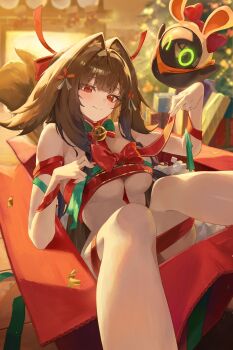 1girl absurdres animal_ear_fluff animal_ears bangboo_(zenless_zone_zero) bell blurry blurry_background box breasts brown_hair chimney chowol christmas christmas_present christmas_tree closed_mouth commentary eous_(zenless_zone_zero) feet_out_of_frame fox_ears fox_girl gift gift_box green_ribbon hair_flaps hair_intakes hairband highres large_breasts looking_at_viewer naked_ribbon orange_eyes red_eyes red_ribbon ribbon smile solo white_hairband ye_shunguang zenless_zone_zero
