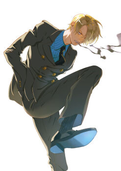 1boy absurdres black_necktie black_shoes blonde_hair cigarette collared_shirt commentary_request curly_eyebrows facial_hair foot_out_of_frame goatee_stubble hair_over_one_eye hand_in_pocket highres jacket long_sleeves looking_at_viewer male_focus mouth_hold necktie one_piece pants poipoisky72 sanji_(one_piece) shirt shoes short_hair simple_background smoking socks solo striped_clothes striped_socks stubble teeth_hold white_background