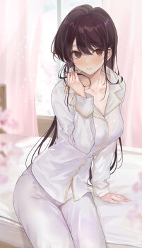 1girl arm_support bed black_hair blouse blush breasts brown_eyes cleavage closed_mouth collarbone curtains grey_pajamas hair_between_eyes highres holding holding_own_hair indoors komi-san_wa_komyushou_desu komi_shouko leaning_to_the_side long_hair looking_at_viewer medium_breasts mexif pajamas pants shirt sitting solo white_pants white_shirt window