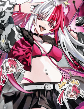 1girl belt black_skirt blush bra breasts brown_eyes chibi chibi_inset choker commentary_request diandao_qin fate/grand_order fate_(series) fur_collar highleg highleg_panties highres jacket long_hair long_sleeves matsunaga_hisahide_(fate) medium_breasts miniskirt multicolored_hair navel navel_piercing open_mouth panties piercing red_bra red_hair red_panties skirt smile split-color_hair tongue tongue_out twintails underwear white_hair