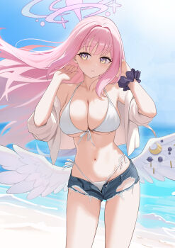 1girl absurdres angel_wings bare_shoulders bikini blue_archive blue_shorts blue_sky blush breasts chinese_commentary cleavage collarbone commentary day feathered_wings fingernails hair_down halo highres large_breasts long_hair looking_to_the_side low_wings mika_(blue_archive) multicolored_eyes nail_polish navel ocean open_clothes open_fly open_shirt outdoors pink_eyes pink_hair pink_halo pink_nails purple_scrunchie sand scrunchie shirt shorts side-tie_bikini_bottom sky solo stomach swimsuit thighs torn_clothes torn_shorts two-tone_eyes white_bikini white_shirt white_wings wings wrist_scrunchie yellow_eyes yizi_(yizi_official)