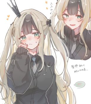 Rule 34 | 1girl, anku (reverseblue), black bow, black crown, black hair, black shirt, black sweater, blonde hair, bow, collared shirt, commentary request, crown, green eyes, grey necktie, hair bow, highres, long sleeves, multicolored hair, necktie, official alternate costume, reverseblue x re-birthend, shirt, solo, sui ma33, sweater, two-tone hair