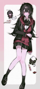 Rule 34 | 1girl, absurdres, black bow, black bowtie, black hair, black jacket, black skirt, blush, border, bow, bowtie, chibi, chibi inset, collared shirt, commentary request, full body, genderswap, genderswap (mtf), highres, hood, hood down, hoodie, jacket, kuzuha (12th costume) (nijisanji), kuzuha (nijisanji), long hair, looking at viewer, miniskirt, nijisanji, official alternate costume, plaid clothes, plaid skirt, pleated skirt, polka dot, polka dot background, powako (mtu dn), red eyes, red hoodie, sanya (nijisanji), shirt, skirt, solo, virtual youtuber