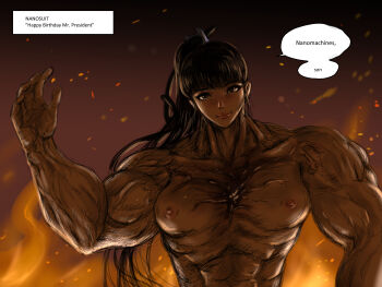 1girl abs aya_swan black_hair blunt_bangs breasts broad_shoulders commentary embers english_commentary english_text eve_(stellar_blade) extreme_muscles fiery_background fire fusion gradient_background hair_ornament hand_up highres lips long_hair looking_at_viewer meme metal_gear_(series) metal_gear_rising:_revengeance muscular nanomachines_son!_(meme) nipples nose ponytail small_head solo speech_bubble stellar_blade steven_armstrong thick_neck veins veiny_arms