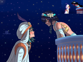 1girl 3boys aladdin_(disney) aladdin_(movie) alternate_costume androgynous arabian_clothes arabian_nights bare_shoulders bead_necklace beads black_hair blue_hair braid bridal_gauntlets cape closed_mouth cosplay crop_top crossed_arms dark_skin disney earrings elbow_gloves facial_mark flower forehead_mark from_side genshin_impact gloves gradient_hair green_eyes green_hair hair_flower hair_ornament hat_feather highres jasmine_(disney) jewelry long_hair long_sleeves male_focus multicolored_hair multiple_boys necklace night open_mouth parody pendant railing reference_photo reference_work short_hair_with_long_locks simple_background sky sleeveless smile star_(sky) starry_sky suslikvaleny tassel twin_braids two-tone_hair venti_(genshin_impact) white_flower xiao_(genshin_impact) yaoi yellow_eyes