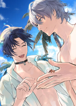 2boys asaba_harumasa black_choker black_hair choker closed_eyes commentary_request crab green_eyes grey_hair highres male_focus multiple_boys open_clothes open_mouth open_shirt shirt short_hair smile takashina_yuu topless_male white_shirt wise_(zenless_zone_zero) zenless_zone_zero