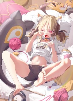 1girl :o absurdres ahoge animal_ears barefoot bell bike_shorts black_shorts brown_hair cat_ears clothing_cutout commentary fangs full_body gigi_murin grem_(gigi_murin) hanho highres hip_vent hololive hololive_english indoors jingle_bell lying midriff multicolored_hair navel neck_bell on_back open_mouth paw_pose pink_eyes shirt short_hair short_shorts short_twintails shorts single_off_shoulder soles solo t-shirt tail toes twintails two-tone_hair virtual_youtuber white_shirt yawning