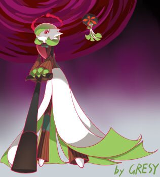 &gt;_&lt; 2girls artist_name az_(pokemon) az_(pokemon)_(cosplay) barefoot black_shirt bob_cut bowtie brown_pants brown_vest cane closed_eyes closed_mouth clothed_pokemon collared_shirt colored_skin cosplay dynamax female_focus flat_chest floating flying_sweatdrops from_below full_body gardevoir gen_3_pokemon giant giantess gradient_background green_bow green_bowtie green_hair green_skin gresy hair_between_eyes hair_over_one_eye happy holding holding_umbrella long_sleeves looking_at_viewer looking_down multicolored_skin multiple_girls nintendo no_feet one_eye_covered open_mouth own_hands_together pants patchwork_clothes pinstripe_pants pinstripe_pattern pinstripe_vest pokemon pokemon_(creature) pokemon_legends:_z-a purple_background red_eyes scared shirt short_hair signature smile smoke standing traditional_bowtie two-tone_skin umbrella v_arms vest white_skin