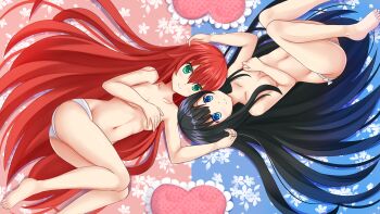 2girls bare_arms bare_legs bare_shoulders barefoot black_hair blue_eyes blunt_bangs breasts collarbone covering_breasts covering_privates female_focus floral_print green_eyes heart heart-shaped_pillow kazenokaze legs long_hair looking_at_viewer lying midriff multiple_girls navel on_back original panties pillow red_hair simple_background small_breasts smile split_screen symmetry topless_female two-tone_background underwear underwear_only upside-down very_long_hair white_panties