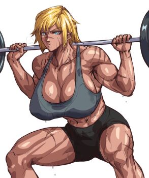 1girl abs barbell biceps blonde_hair blue_eyes breasts breath exercising large_breasts muscular muscular_female original scar scar_on_face scar_on_nose short_hair solo sports_bra squatting sweat tank_top virgoart white_background