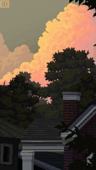 animated animated_gif artist_logo building chimney cloud commentary cumulonimbus_cloud english_commentary evening falling_leaves highres house leaf logo looping_animation no_humans original pixel_art scenery scrunchybean sky tree wind