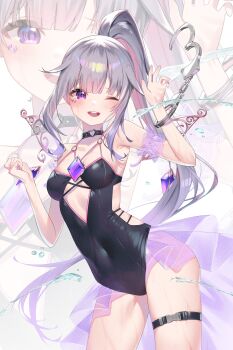 1girl :d absurdres arm_scrunchie armpits bikini black_bikini black_one-piece_swimsuit breasts buckle chest_jewel choker clothing_cutout contrapposto covered_navel cowboy_shot cuffs cutout_above_navel detached_wings gem gradient_hair grey_hair handcuffs heart heart_o-ring highres hololive hololive_english jewel_under_eye koseki_bijou koseki_bijou_(holonatsu_paradise) lightenbee long_hair medium_breasts multicolored_hair o-ring o-ring_choker official_alternate_costume official_alternate_hairstyle one-piece_swimsuit one_eye_closed open_mouth ponytail purple_eyes purple_gemstone purple_hair purple_scrunchie purple_skirt scrunchie see-through_clothes see-through_skirt showgirl_skirt sidelocks skirt smile solo splashing swimsuit teeth thigh_strap upper_teeth_only very_long_hair virtual_youtuber white_background wings zoom_layer
