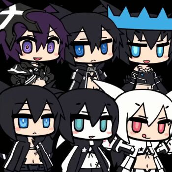 1girl 264lino1 animated animated_gif bikini black_coat black_hair black_rock_shooter black_rock_shooter_(character) black_rock_shooter_(game) black_rock_shooter_beast black_shorts blue_crown blue_eyes chibi coat cropped_jacket crown floating_crown insane_black_rock_shooter jacket long_hair looping_animation pale_skin pink_eyes purple_eyes purple_hair scar shorts stella_(black_rock_shooter) swimsuit twintails uneven_twintails white_hair white_jacket white_rock_shooter white_shorts
