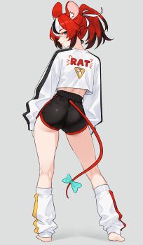 1girl absurdres alternate_costume animal_ear_fluff animal_ears ass barefoot black_hair black_shorts blue_eyes bluefield bow closed_mouth clothes_writing colored_tips commentary cropped_shirt dolphin_shorts english_commentary from_behind full_body grey_background hakos_baelz high-waist_shorts highres hololive hololive_english leg_warmers long_sleeves looking_at_viewer looking_back mouse_ears mouse_girl mouse_tail multicolored_hair red_hair shirt short_hair short_shorts shorts simple_background smile solo streaked_hair tail tail_bow tail_ornament virtual_youtuber white_hair white_shirt