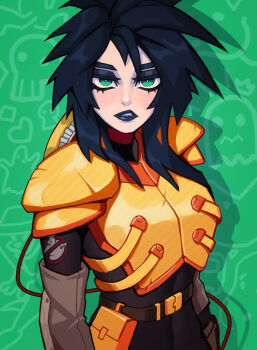 1girl armor black_eyeliner black_hair extreme_ghostbusters eyeliner ghostbusters goth_fashion highres kylie_griffin lips lipstick makeup qtori
