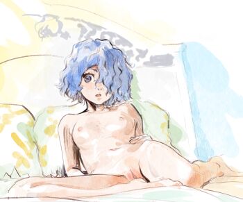 1girl bed berserk blue_eyes blue_hair breasts butterchalk commentary completely_nude english_commentary freckles hair_over_one_eye isma loli looking_to_the_side navel nipples nude on_bed open_mouth pussy small_breasts solo uncensored