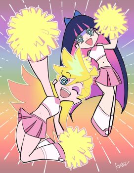 Rule 34 | 2girls, arm up, artist name, blonde hair, blue pupils, bow, cheerleader, colored inner hair, eyebrows hidden by hair, eyeshadow, highres, kasuga akira, long hair, makeup, midriff, multicolored hair, multiple girls, official style, open mouth, panty &amp; stocking with garterbelt, panty (psg), pink hair, pink skirt, pom pom (cheerleading), rainbow background, siblings, sisters, skirt, sleeveless, smile, socks, spiked hair, stocking (psg), two-tone hair, white socks
