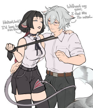 absurdres animal_ears artist_request black_hair cat_boy cat_ears chainsaw_man cosplay costume_switch couple denji_(chainsaw_man) english_text highres jane_doe_(zenless_zone_zero) mouse_(animal) necktie purple_eyes reze_(chainsaw_man) reze_(chainsaw_man)_(cosplay) seth_lowell socks tail white_hair zenless_zone_zero
