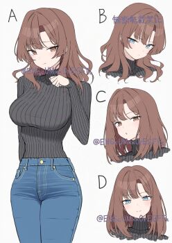 1girl adversarial_noise alternate_eye_color alternate_hairstyle asymmetrical_bangs black_sweater blue_eyes blue_pants breasts brown_eyes brown_hair casual closed_mouth commentary copyright_notice cowboy_shot cropped_torso curled_fingers denim earrings hair_intakes half-closed_eyes hand_up highres jeans jewelry large_breasts legs_together light_blush looking_at_viewer medium_hair multiple_views original pants parted_lips ribbed_sweater simple_background sleeves_past_wrists smile standing straight_hair stud_earrings sweater sweater_tucked_in turtleneck turtleneck_sweater twitter_username variations wavy_hair white_background yamano_rokamizu