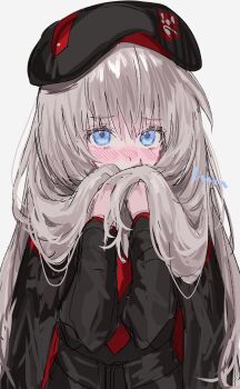 Rule 34 | 1girl, alternate hair length, alternate hairstyle, aogisa, black cape, black shirt, black shorts, blue eyes, blush, cape, commentary request, covering own mouth, goddess of victory: nikke, grey hair, highres, holding, holding own hair, long hair, long sleeves, looking at viewer, necktie, red cape, red necktie, shirt, shorts, solo, two-sided cape, two-sided fabric, upper body, very long hair, vesti (nikke), white background