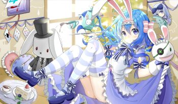 1girl alice&#039;s_adventures_in_wonderland alice_(alice_in_wonderland) alice_(alice_in_wonderland)_(cosplay) animal_ears apron blue_bow blue_bowtie blue_eyes blue_hair blue_shoes bow bowtie cake calendar_(object) clock cosplay cup date_a_live dress fake_animal_ears food frilled_dress frilled_hairband frills hairband highres himekawa_yoshino light_blush plate shoes striped_clothes striped_thighhighs stuffed_toy tamura_masakuma teacup thighhighs white_apron window yoshinon
