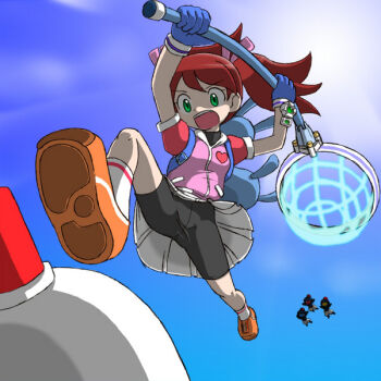 1girl backpack bag bike_shorts butterfly_net day female_focus flying from_below gloves green_eyes hair_ribbon hand_net heart image_sample jacket jumping md5_mismatch monkey nollety open_mouth pixiv_sample randoseru red_hair resized resolution_mismatch ribbon saru_getchu sayaka_(saru_getchu) shoes short_twintails shorts shorts_under_skirt skirt sky sneakers socks solo source_larger spread_legs sun turtleneck twintails