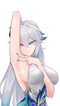 1girl absurdres arm_up armpits blue_eyes blue_nails breasts commentary_request dress grey_hair highres honkai:_star_rail honkai_(series) large_breasts long_hair multicolored_eyes nail_polish partial_commentary presenting_armpit purple_eyes shiyoru simple_background smile solo two-tone_eyes upper_body very_long_hair white_background yao_guang_(honkai:_star_rail)