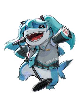 artist_name commentary cosplay english_commentary fangs fins fish_tail green_hair hatsune_miku hatsune_miku_(cosplay) highres holding holding_microphone_stand jeff_(marvel) marvel marvel_rivals microphone_stand neo_jpeg open_mouth pawpads shark shark_fin shark_tail smile standing tail twintails vocaloid white_background