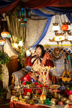 1girl asian belly belly_dancer black_hair breasts chouzuki_maryou cleavage highres large_breasts lipstick makeup photo_(medium) plump solo thick_thighs thighs underboob