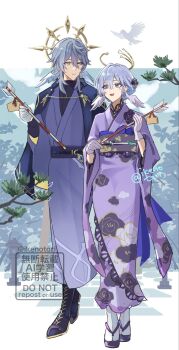1boy 1girl alternate_costume bird blue_hair brother_and_sister commentary_request floral_print full_body gloves green_eyes halo halo_behind_head head_wings highres holding honkai:_star_rail honkai_(series) ikenotori japanese_clothes jewel_under_eye kimono looking_at_another medium_hair obijime robin_(honkai:_star_rail) sandals sash shoes siblings socks sunday_(honkai:_star_rail) tree walking watermark wings yellow_eyes