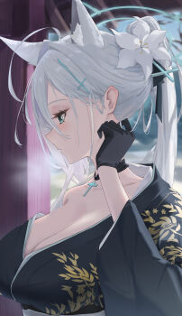 1girl absurdres animal_ears antenna_hair black_bow black_choker black_gloves blue_archive blue_eyes blue_halo blush bow breasts breath cat_ears cat_girl choker cleavage collarbone commentary_request cross cross_hair_ornament cross_necklace ear_tufts eyelashes flower from_side gloves hair_between_eyes hair_bow hair_flower hair_ornament halo high_ponytail highres japanese_clothes jewelry kimono large_breasts lkovn956271 necklace nose_blush obi off_shoulder ponytail sash shiroko_terror_(blue_archive) single_off_shoulder solo upper_body white_flower white_hair