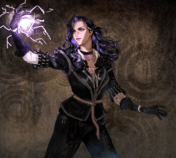 1girl black_choker black_gloves black_hair black_pants brown_background choker darkyu-yj gloves highres jacket long_hair magic open_clothes open_jacket pants pendant_choker purple_eyes solo the_witcher_(series) the_witcher_3 yennefer_of_vengerberg