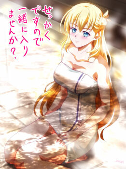 Rule 34 | 1girl, agnes claudel, bathhouse, blonde hair, blue eyes, blush, braid, braided bun, breasts, bun with braided base, cleavage, commentary request, eiyuu densetsu, hair bun, in water, kai no kiseki, kuro no kiseki (series), kuro no kiseki i, long hair, low-tied long hair, naked towel, onsen, sauna, single side bun, towel, xiacheng tatsuya